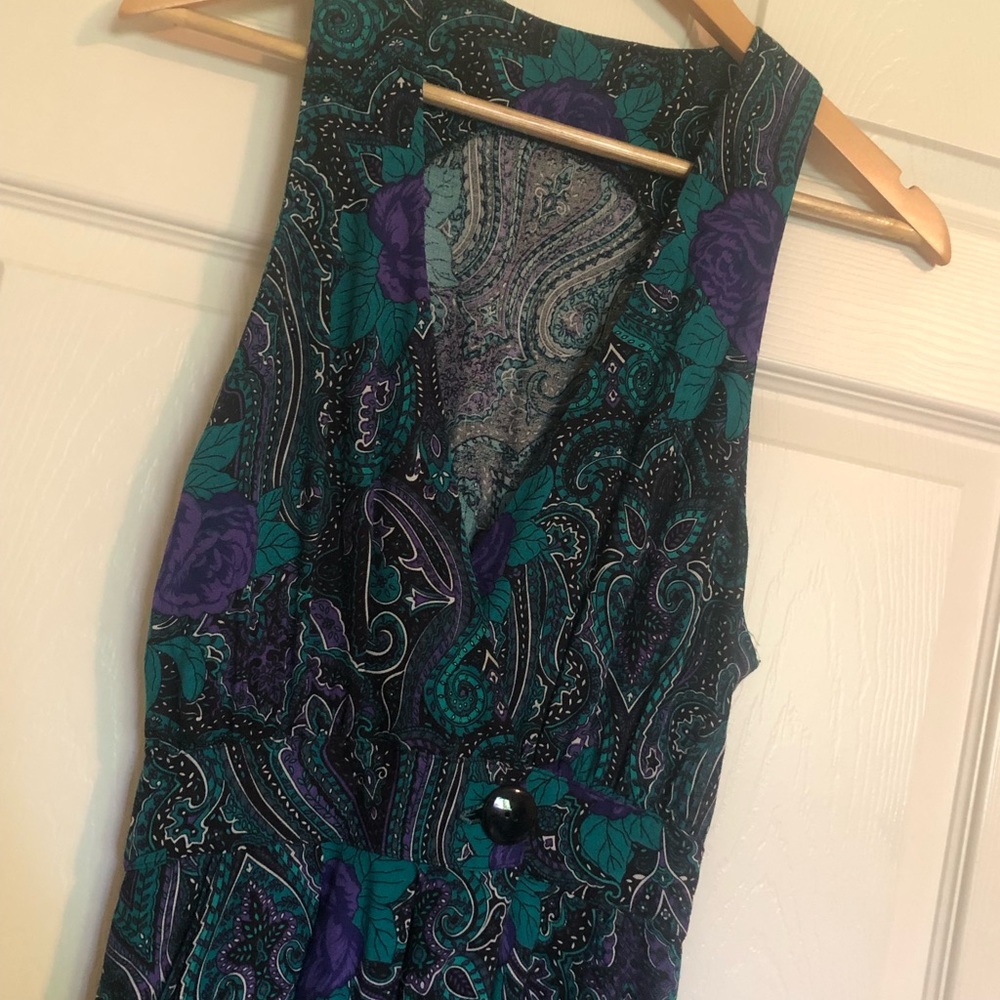 Vintage Teal purple paisley floral v neck button closure pockets sz S maxi dress